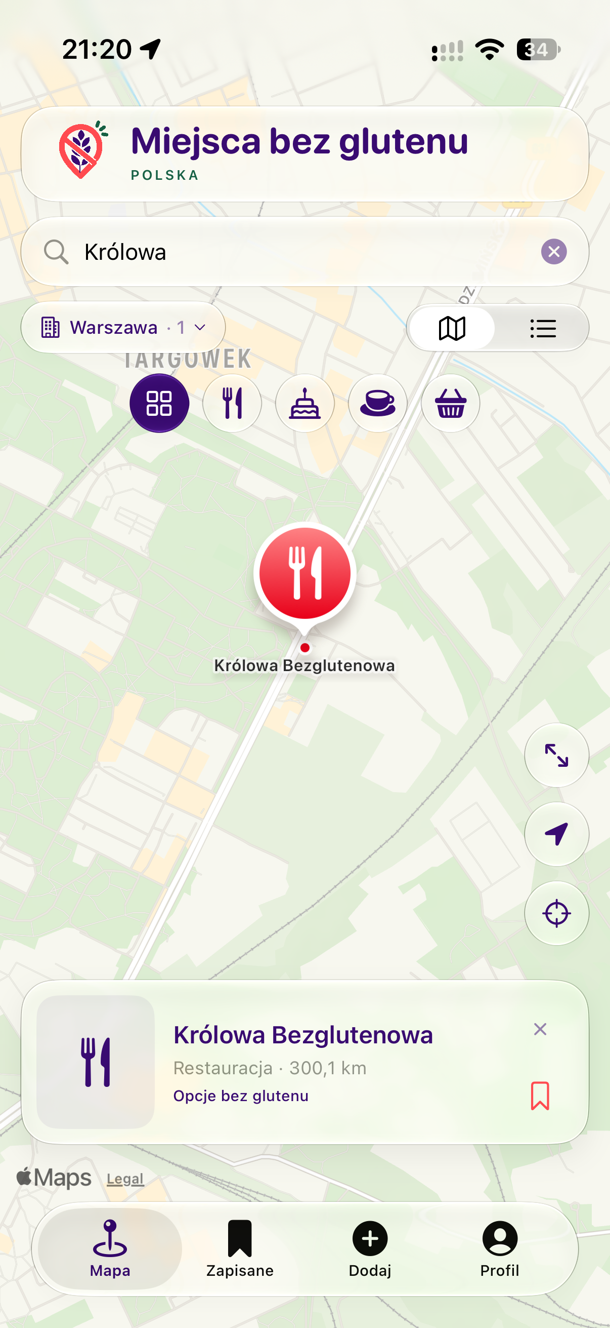 Rzeczywisty ekran aplikacji na iPhonie: wybrane miejsce w Warszawie, logo 11A i pięć filtrów kategorii